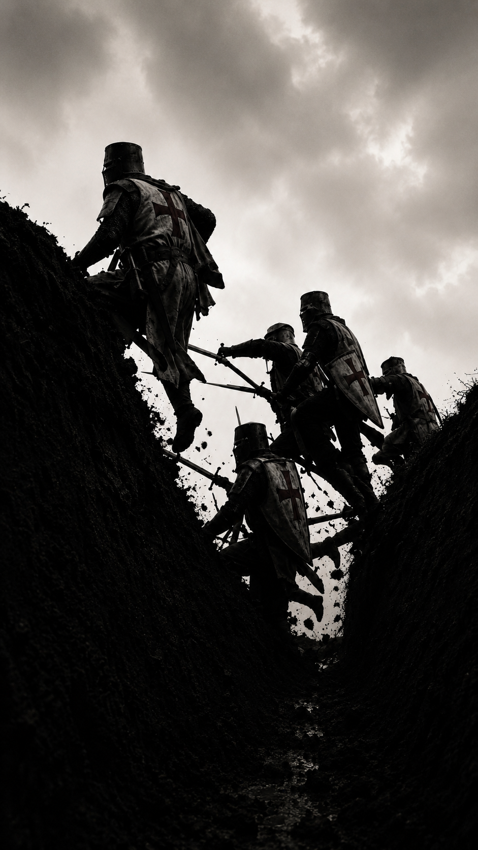 Silhouette of custode knights templar scaling a battlefield trench against a cloudy sky