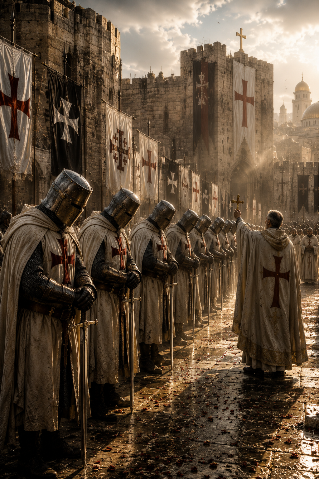 Custodes Knights in armor with crosses in prayer.